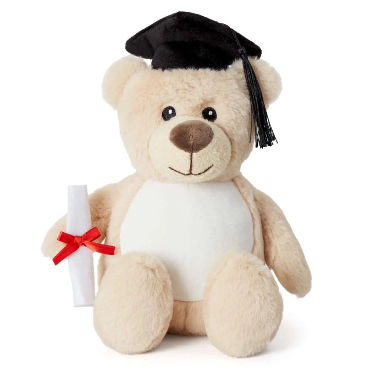 Plush teddy bear wearing a graduation cap and holding a diploma on a white background