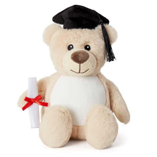 Plush teddy bear wearing a graduation cap and holding a diploma on a white background