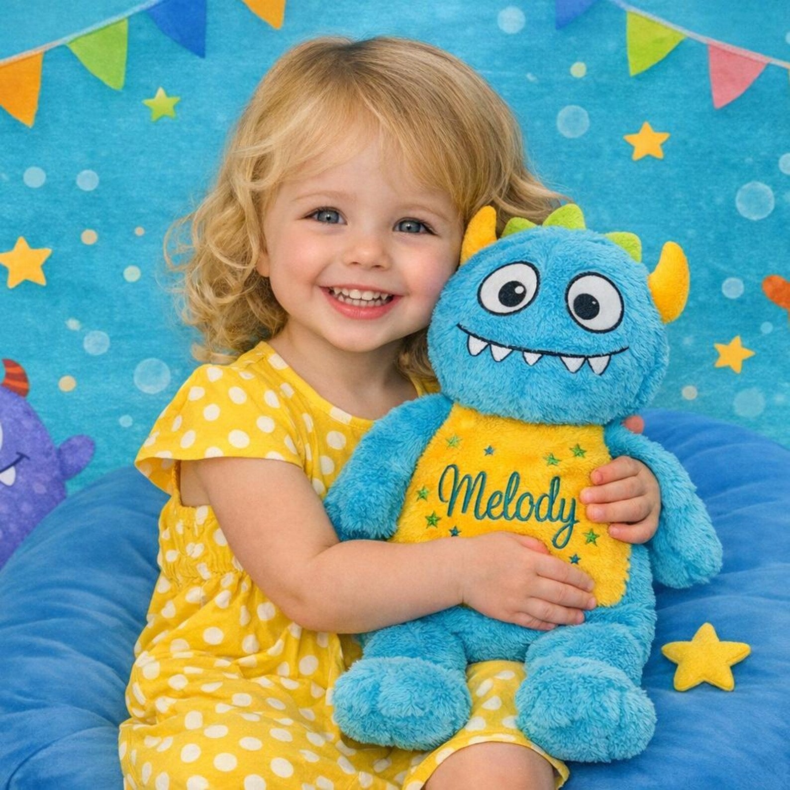 Child holding a blue plush toy with 'Melody' on a colorful background