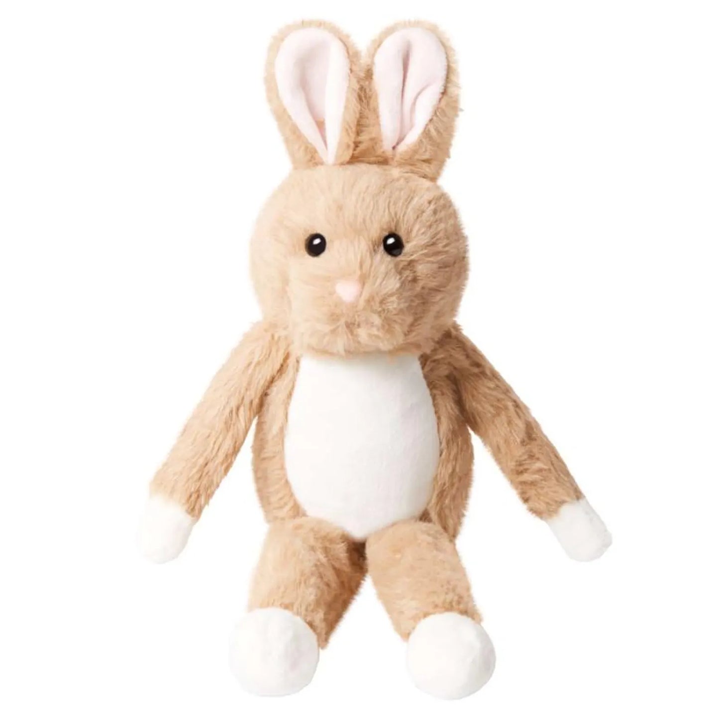 Plush toy rabbit with a white belly on a white background