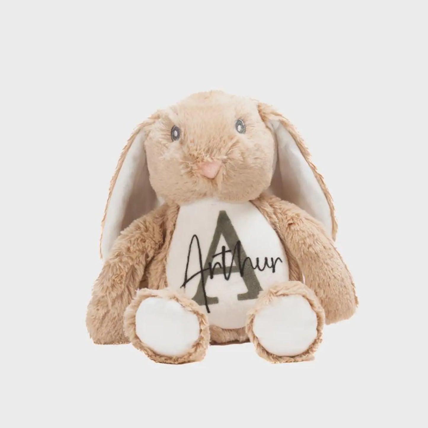 Plush bunny toy with a white belly displaying the name 'Arthur' on a light gray background