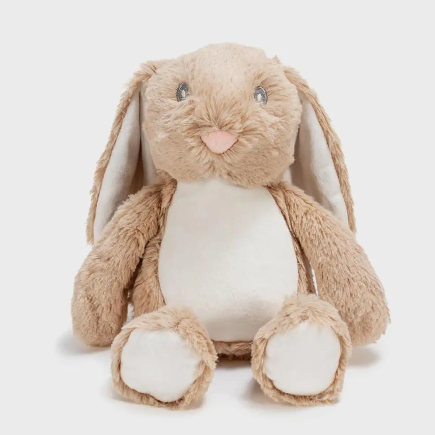 Plush toy rabbit with beige fur and white paws on a white background