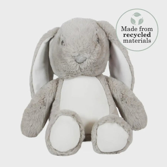 Gray plush bunny toy with a label indicating recycled materials on a white background