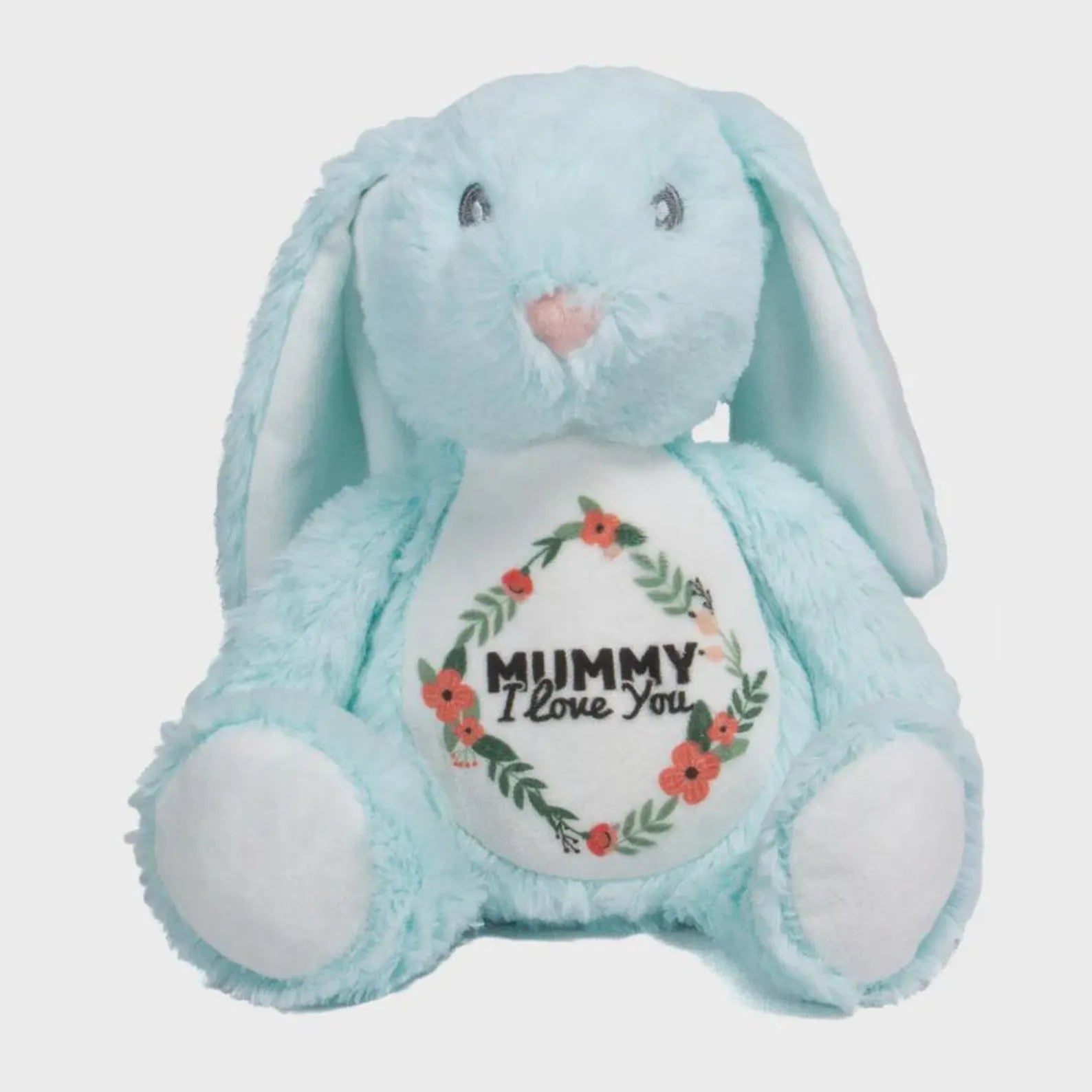 Blue plush bunny with 'Mummy I love you' text on a white background