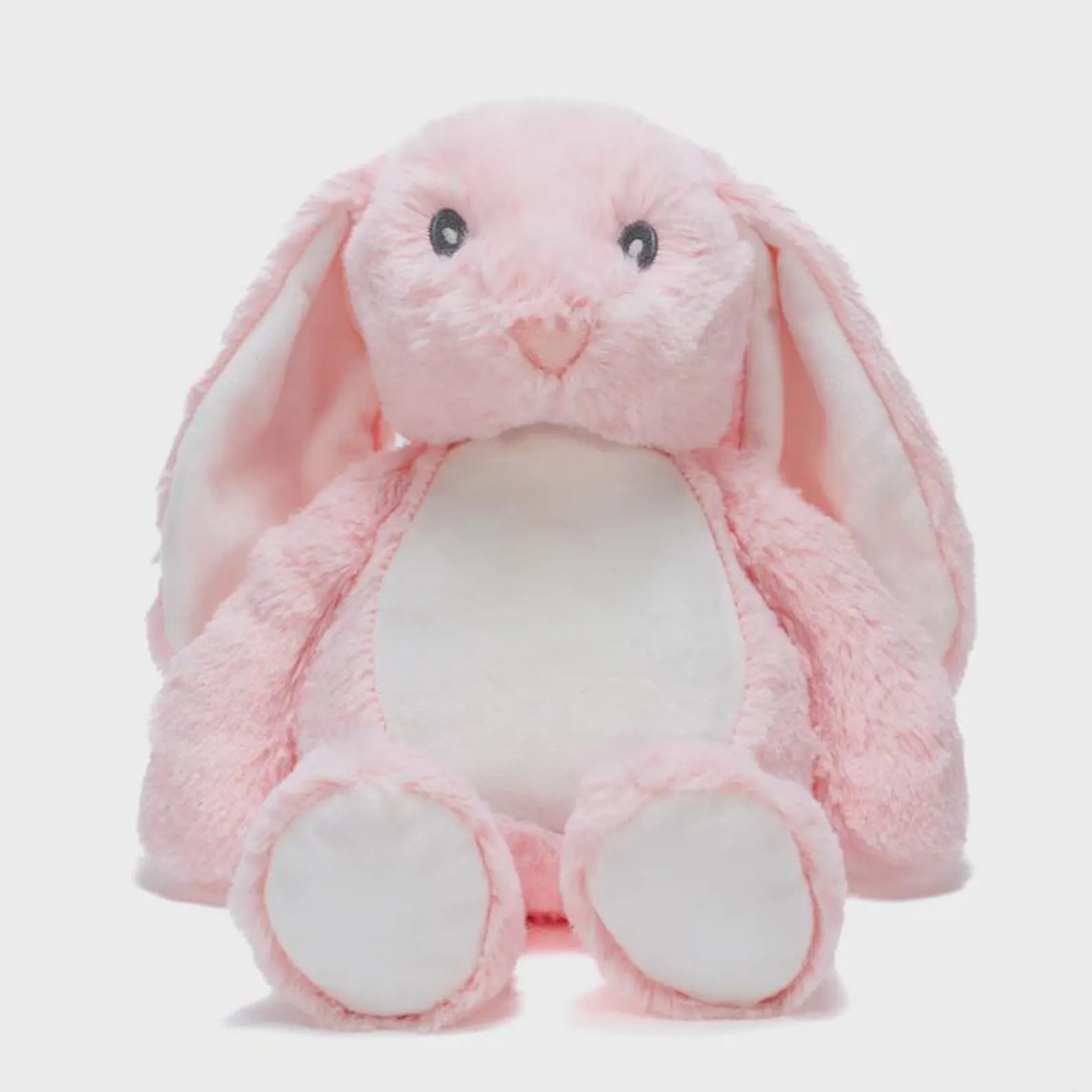 Pink plush bunny toy on a white background