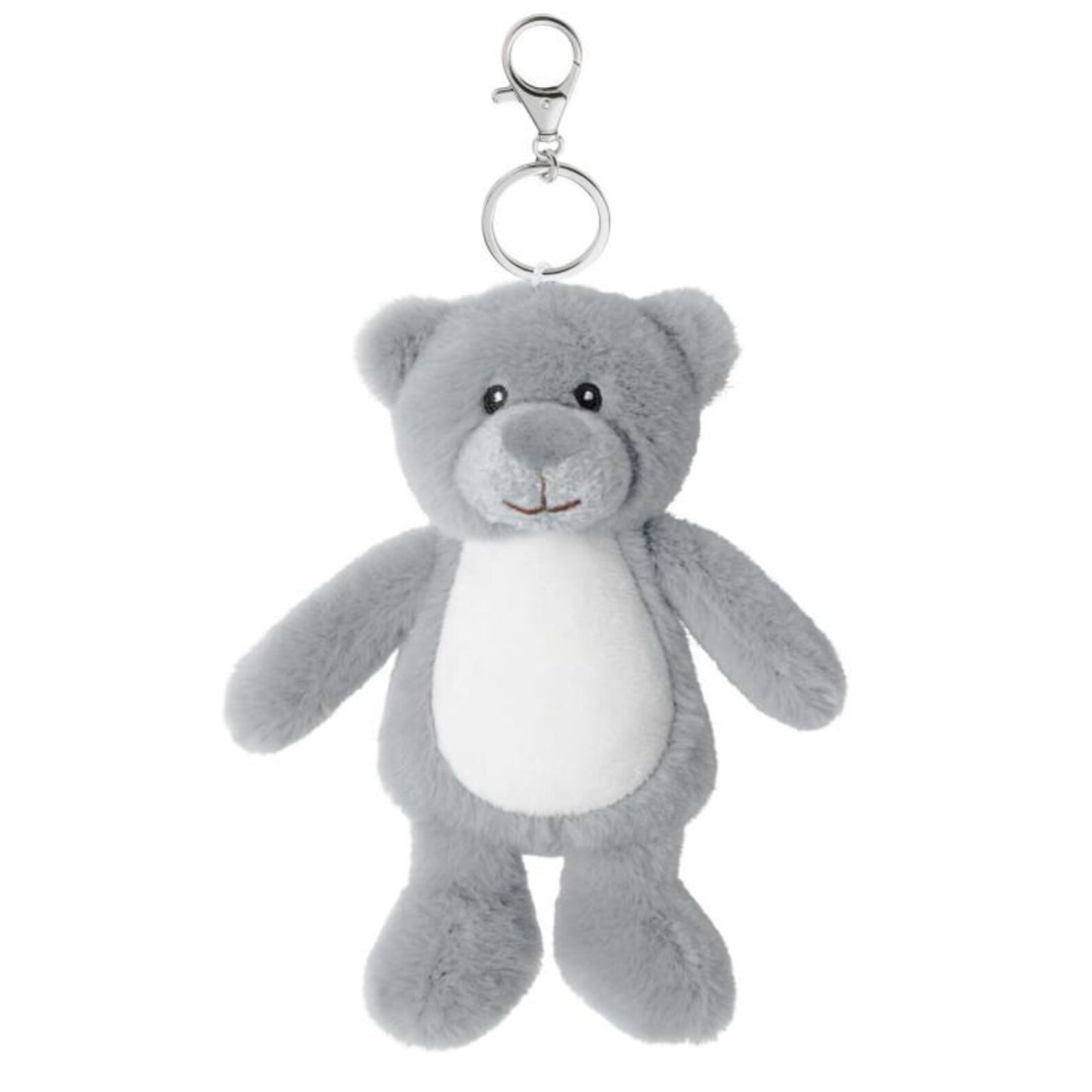 Gray teddy bear keychain on a white background