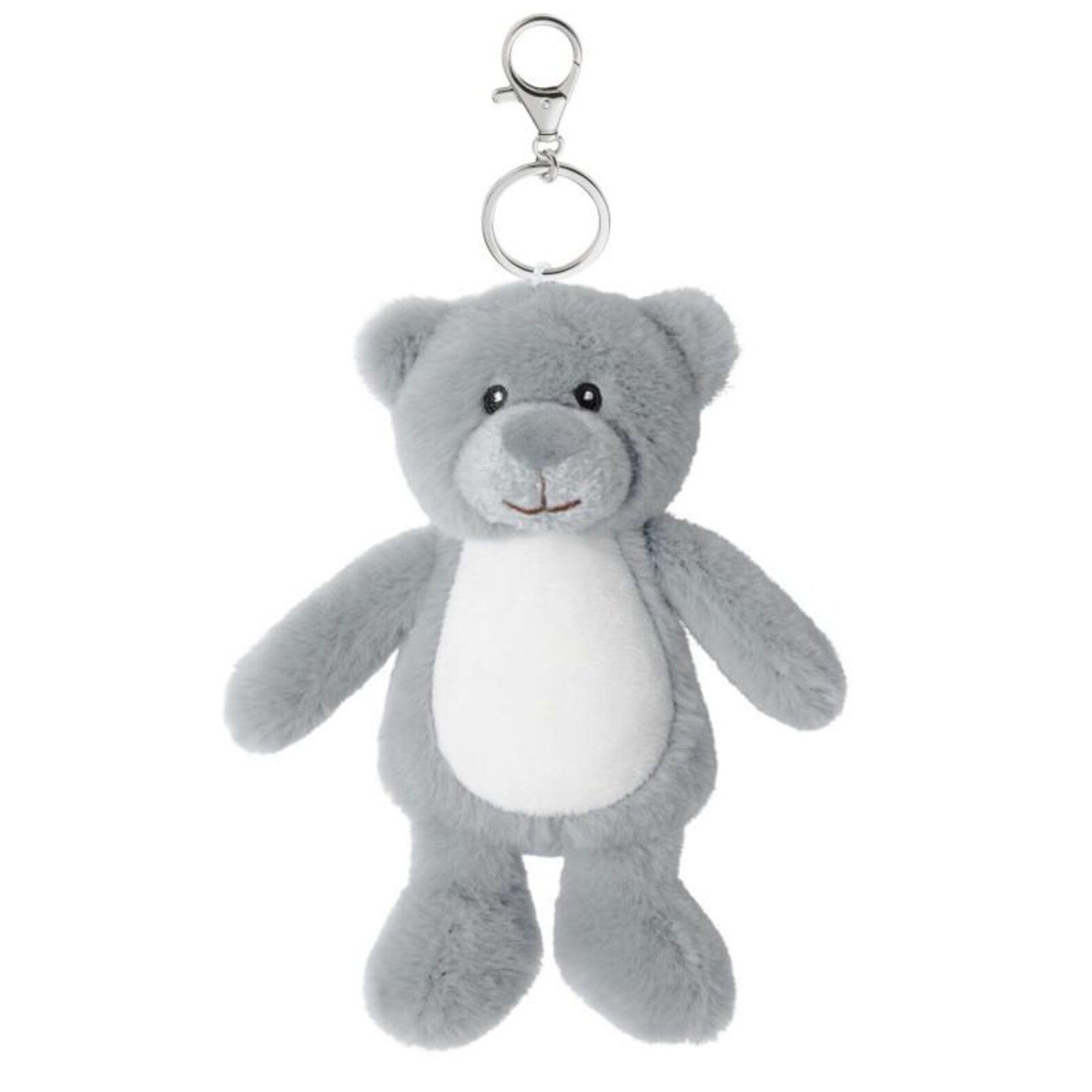 Gray teddy bear keychain on a white background