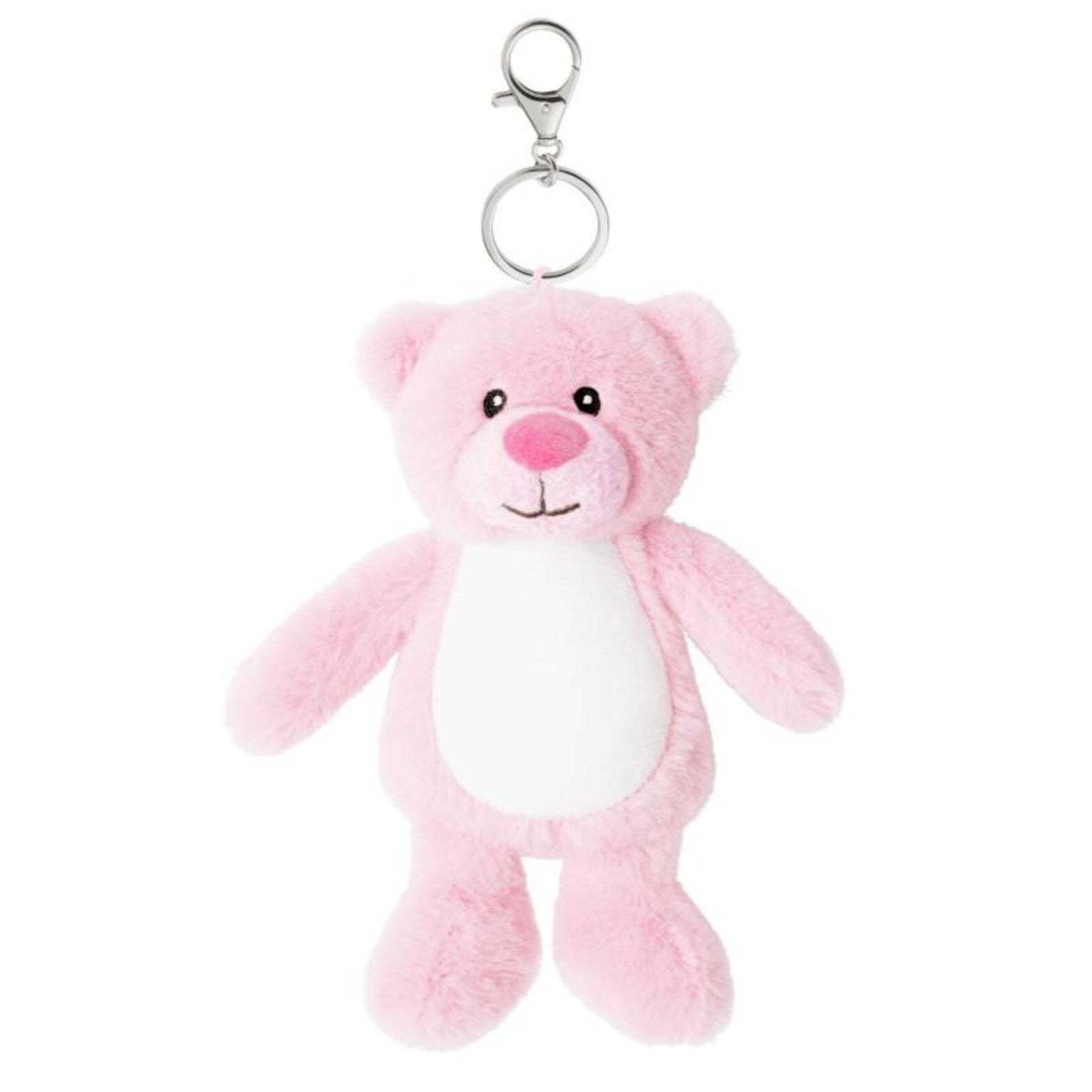 Pink teddy bear keychain on a white background