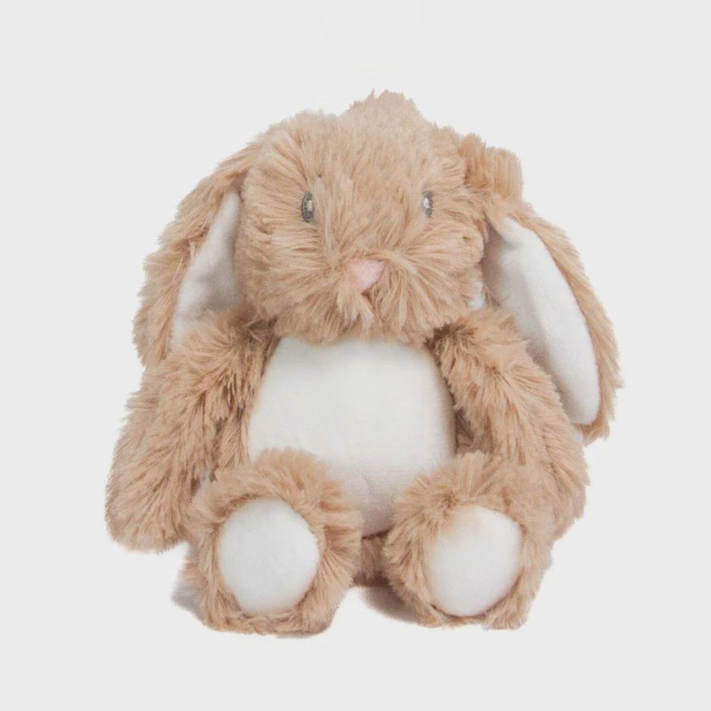 Plush bunny toy with a white belly on a light gray background
