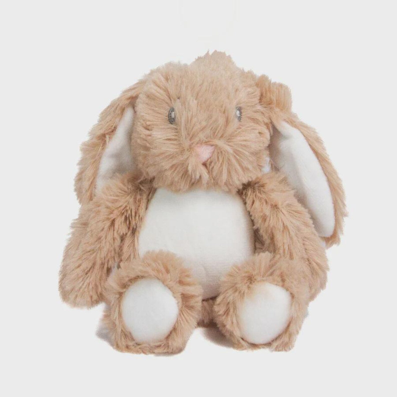 Plush bunny toy with a white belly on a light gray background
