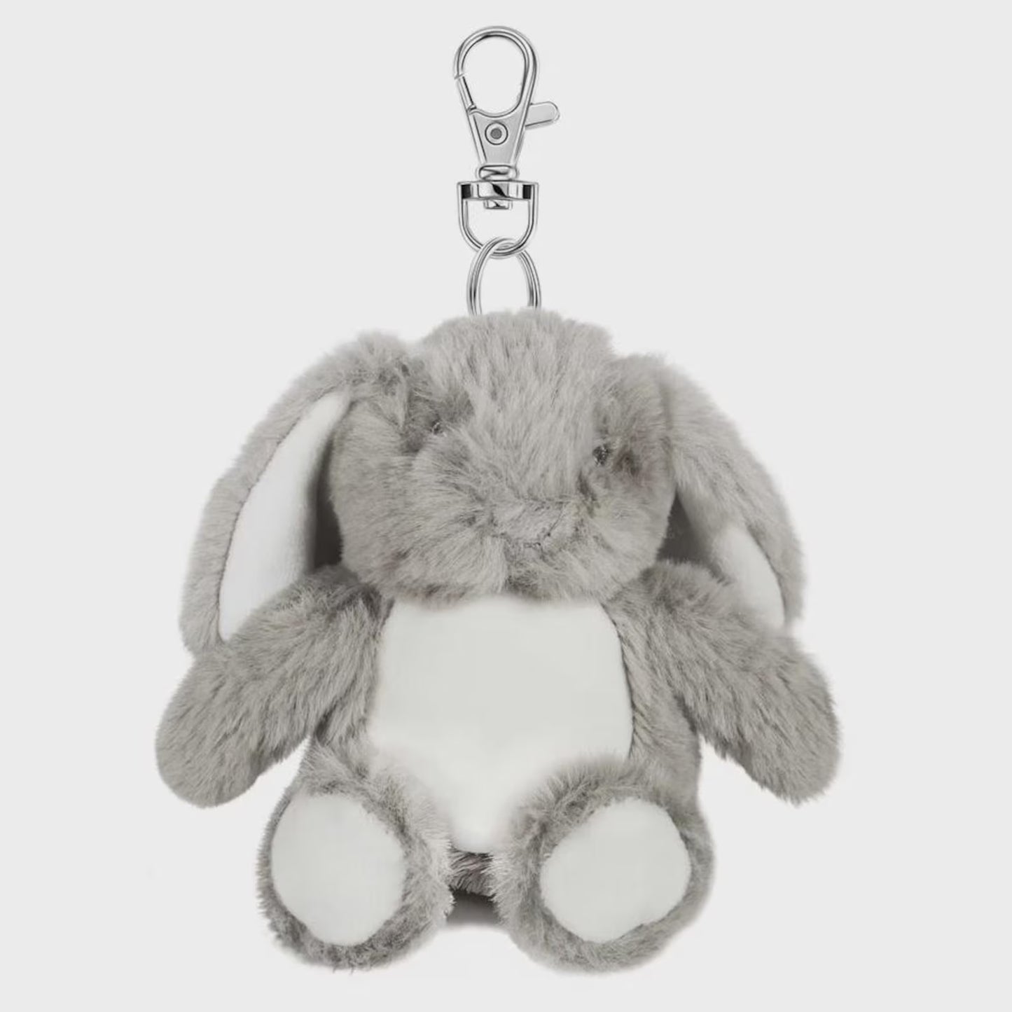 Gray plush bunny keychain with a white belly on a white background