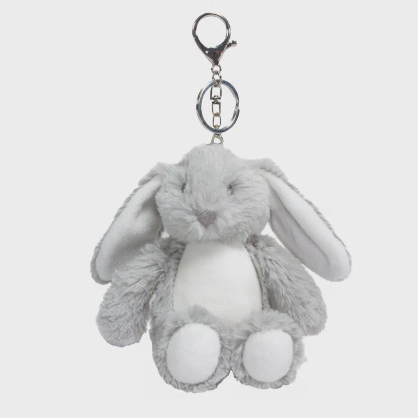 Gray plush bunny keychain on a light gray background