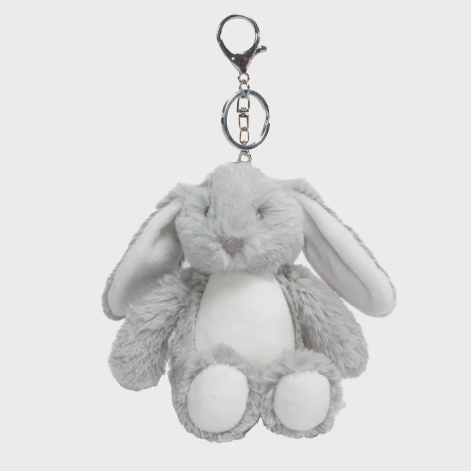 Gray plush bunny keychain on a light gray background