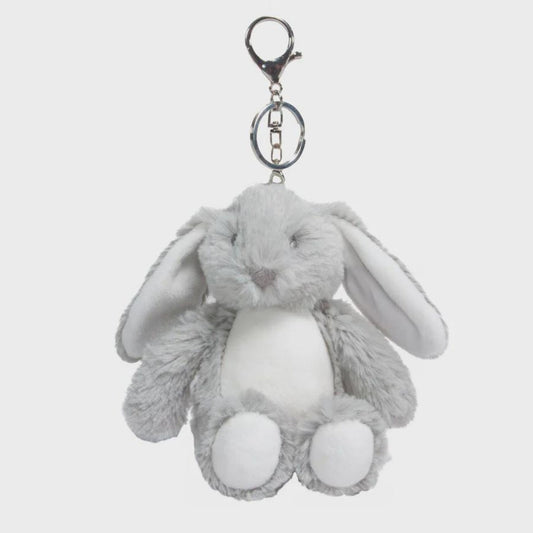 Gray plush bunny keychain on a light gray background