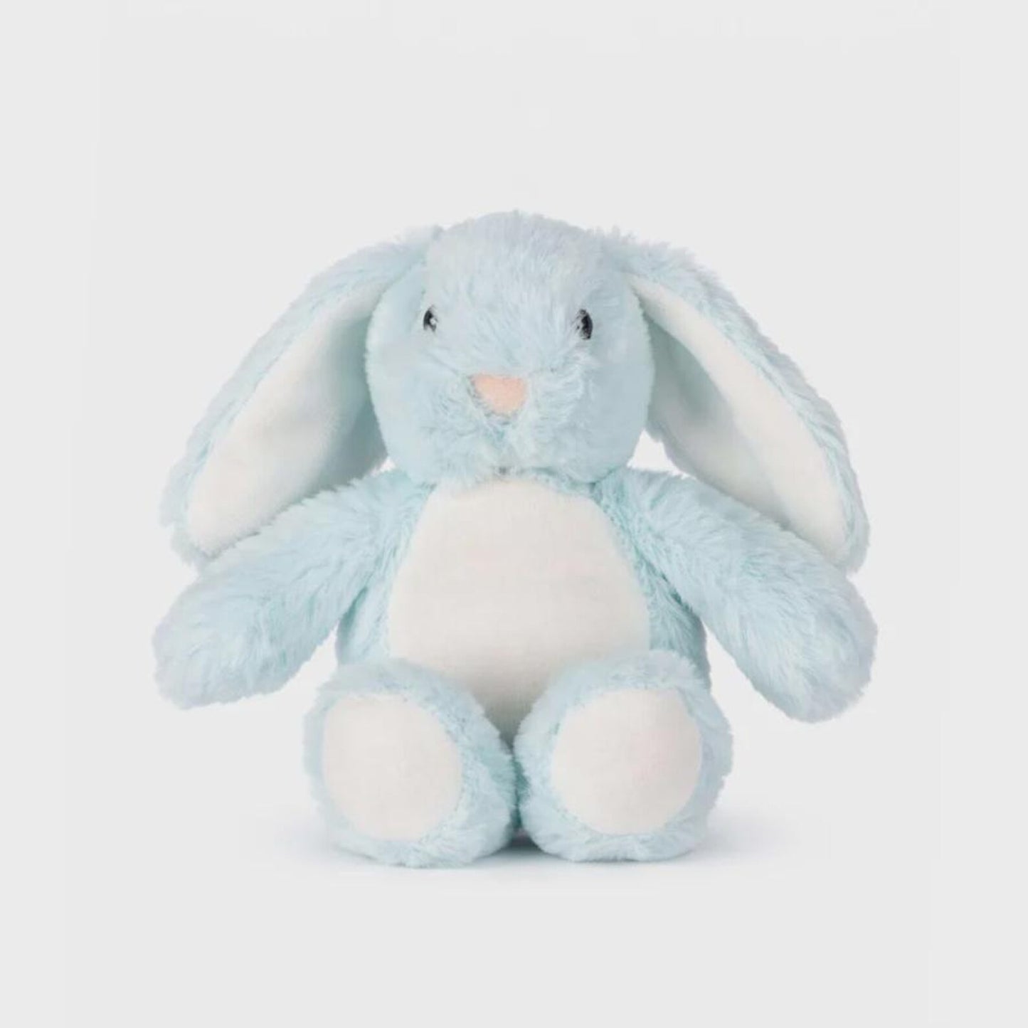 Blue plush bunny toy on a light gray background