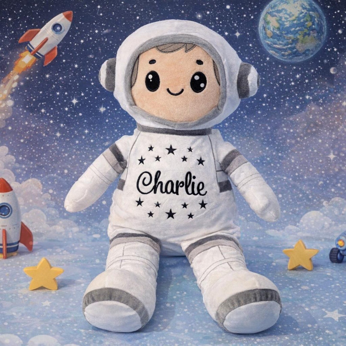 Plush toy astronaut named Charlie against a space-themed background with rockets and planets.