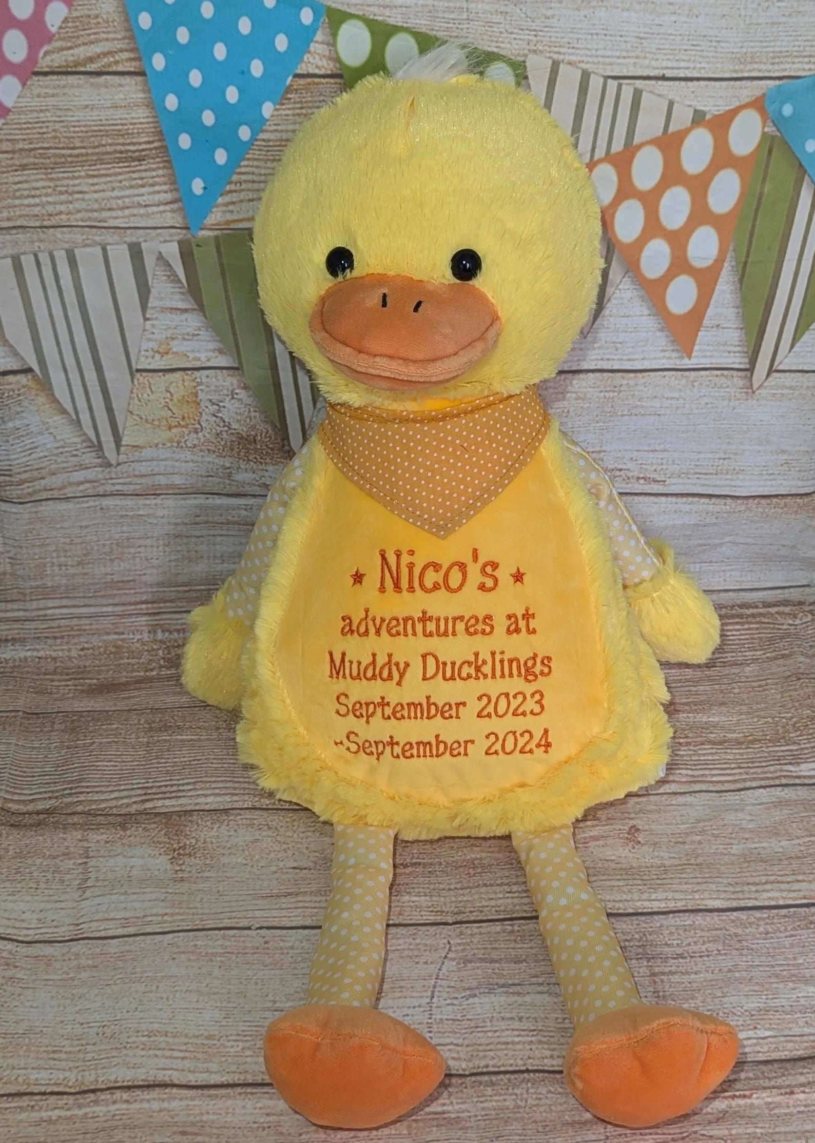 Yellow plush duck toy with text on a wooden surface with decorative flags.