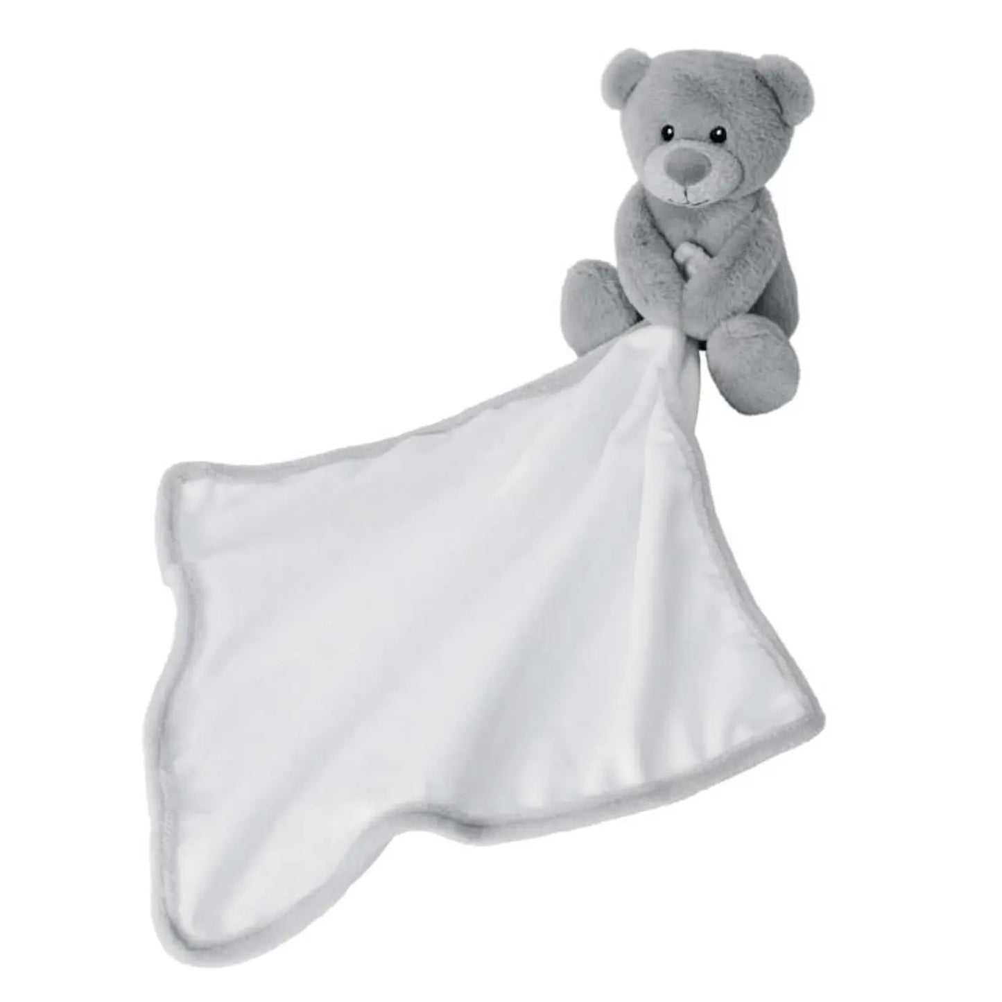 Grey plush bear with a comforter

