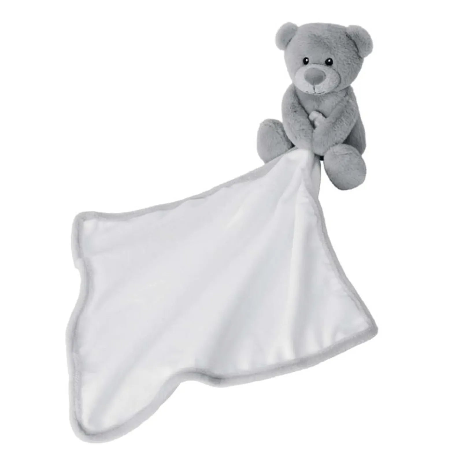 Grey plush bear with a comforter
