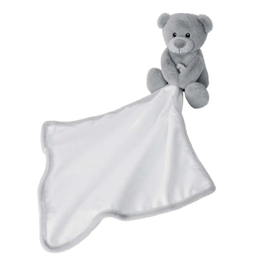 Grey plush bear with a comforter
