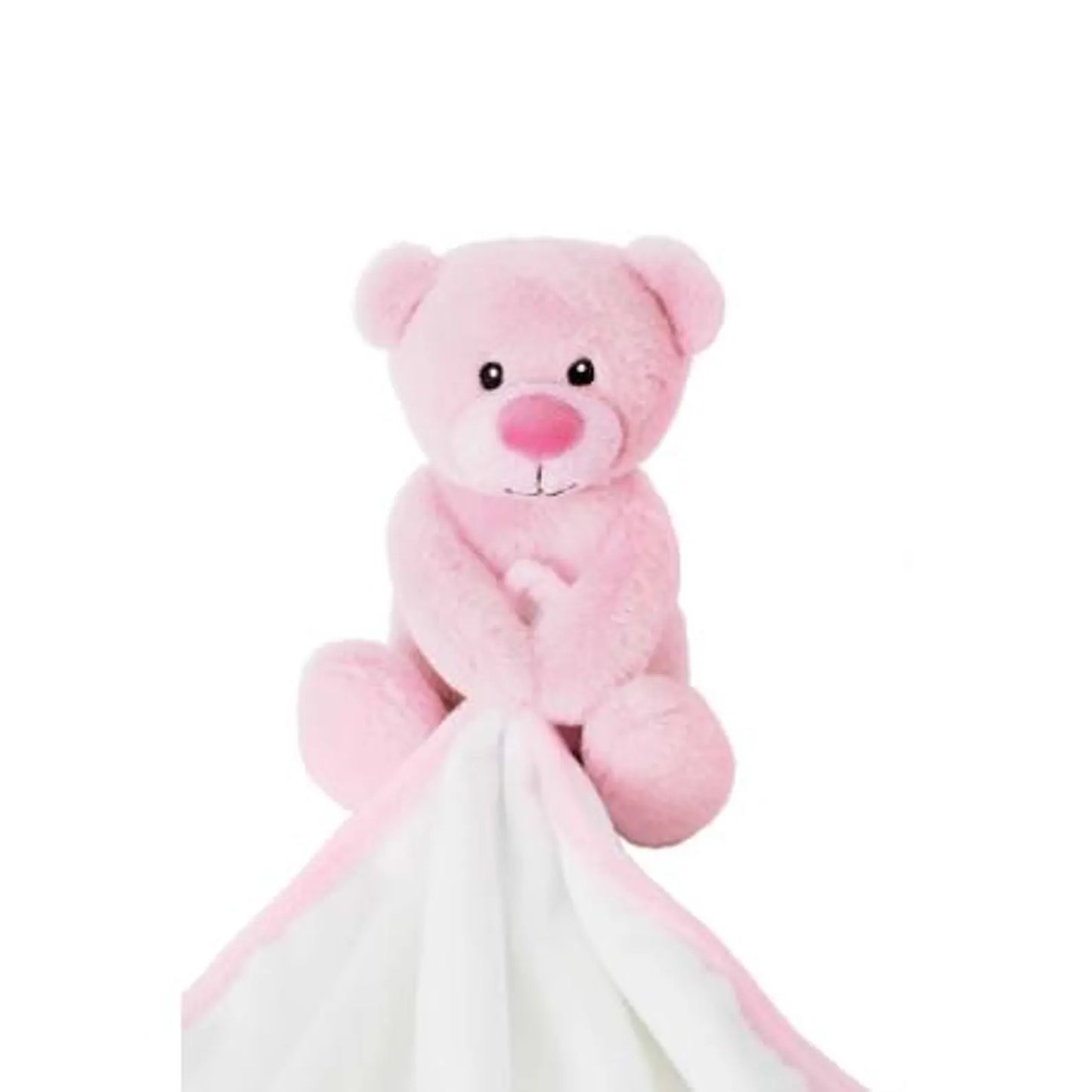 Pink teddy bear with a white blanket on a white background