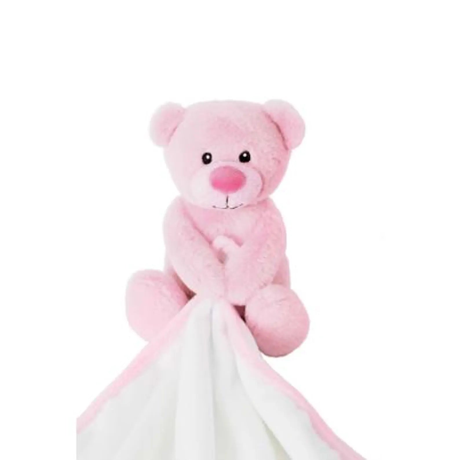 Pink teddy bear with a white blanket on a white background