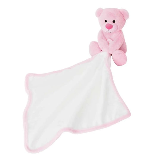 Pink teddy bear with a white blanket on a white background