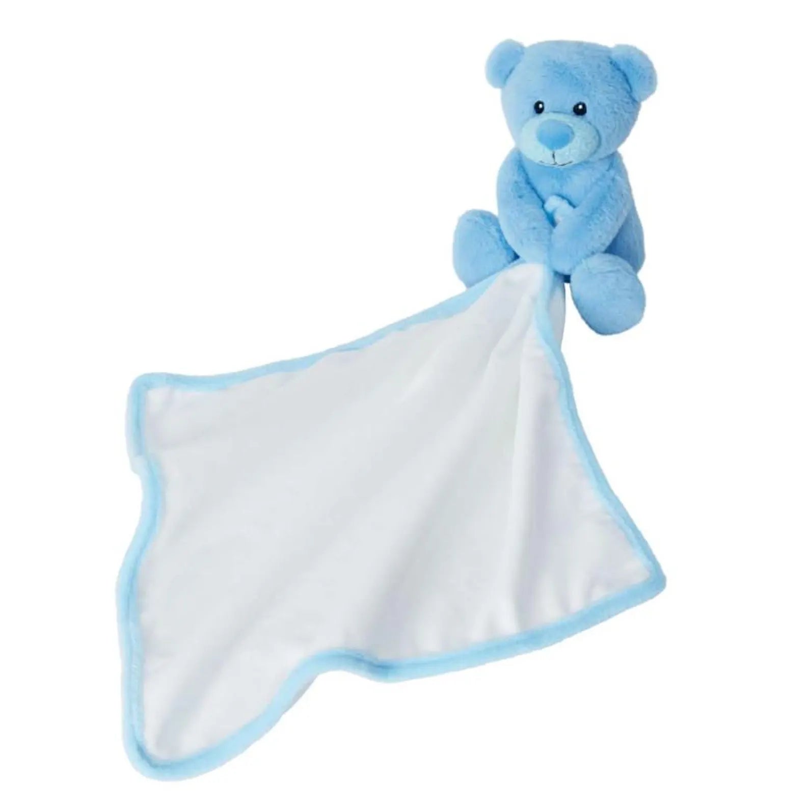 Blue teddy bear with a white blanket on a white background