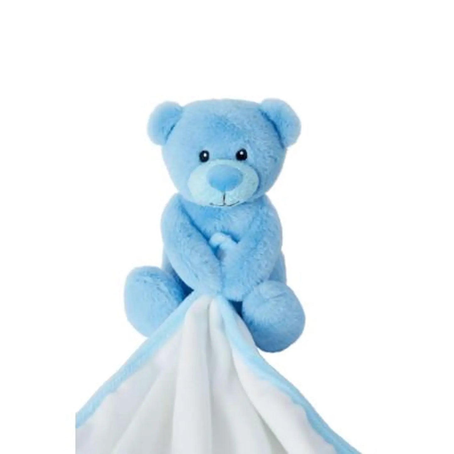 Blue teddy bear with a white blanket on a white background