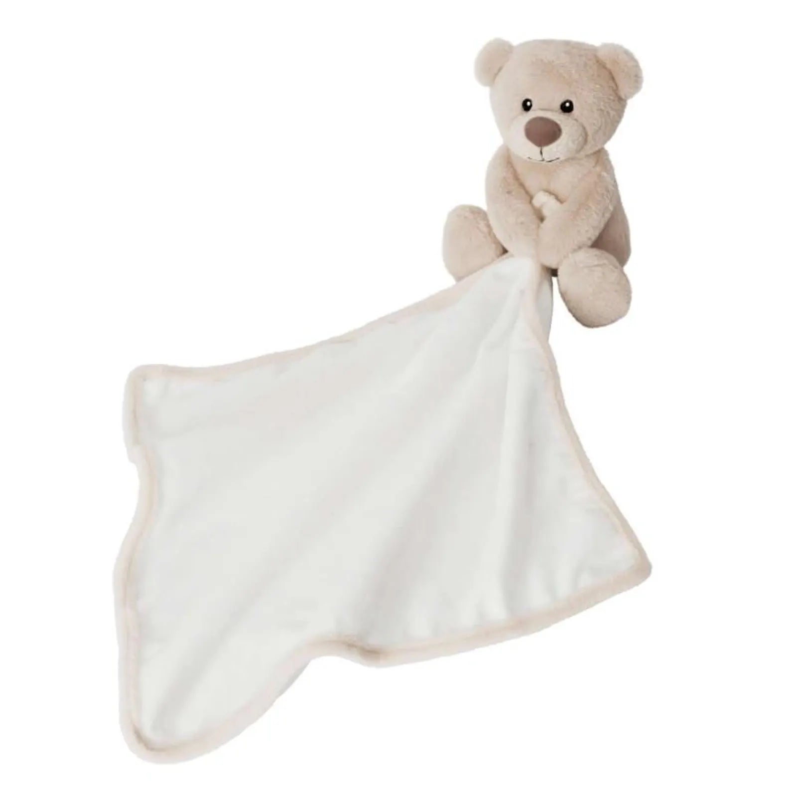 Plush teddy bear holding a white blanket on a white background