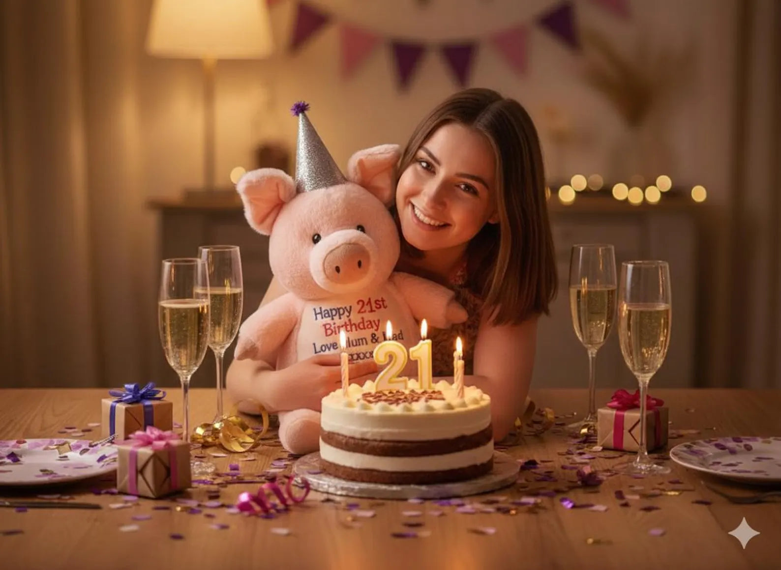 Woman holding a pig-shaped birthday cake with candles and a cake topper, surrounded by champagne glasses and gifts.