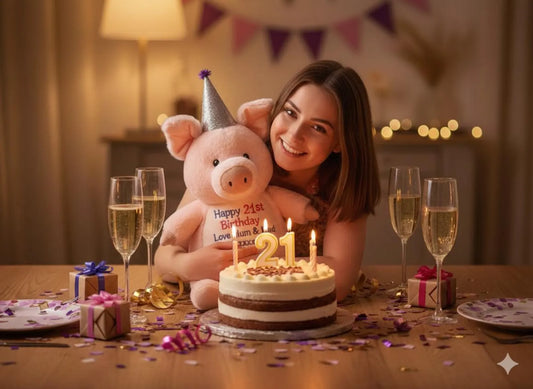 Woman holding a pig-shaped birthday cake with candles and a cake topper, surrounded by champagne glasses and gifts.