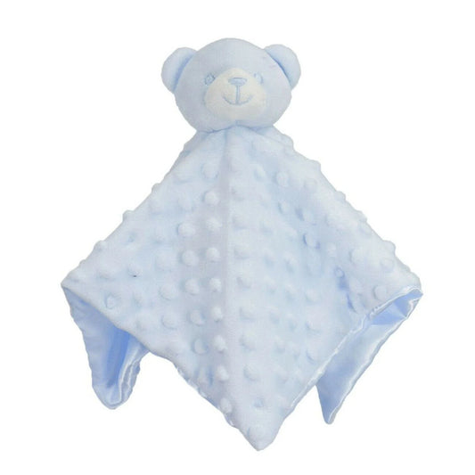 Blue teddy bear security blanket on a white background