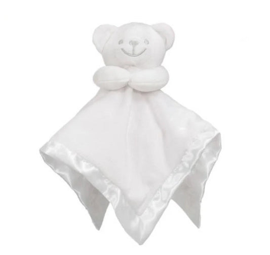 White teddy bear security blanket on a white background