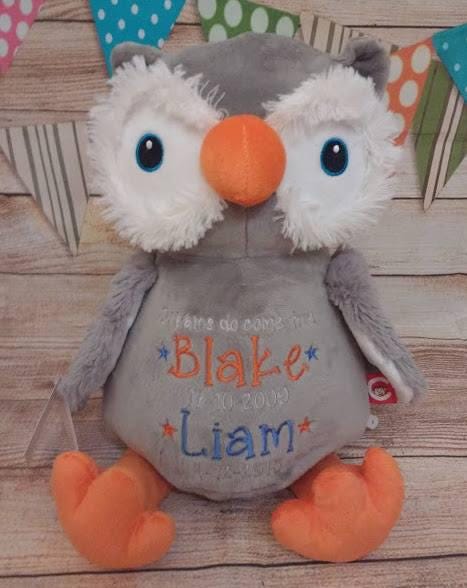 Personalised Embroidered Owl Plush, Cubbies New Baby Keepsake