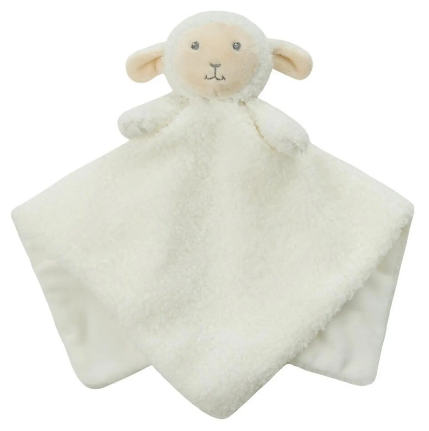 White plush lamb comfort blanket on a white background