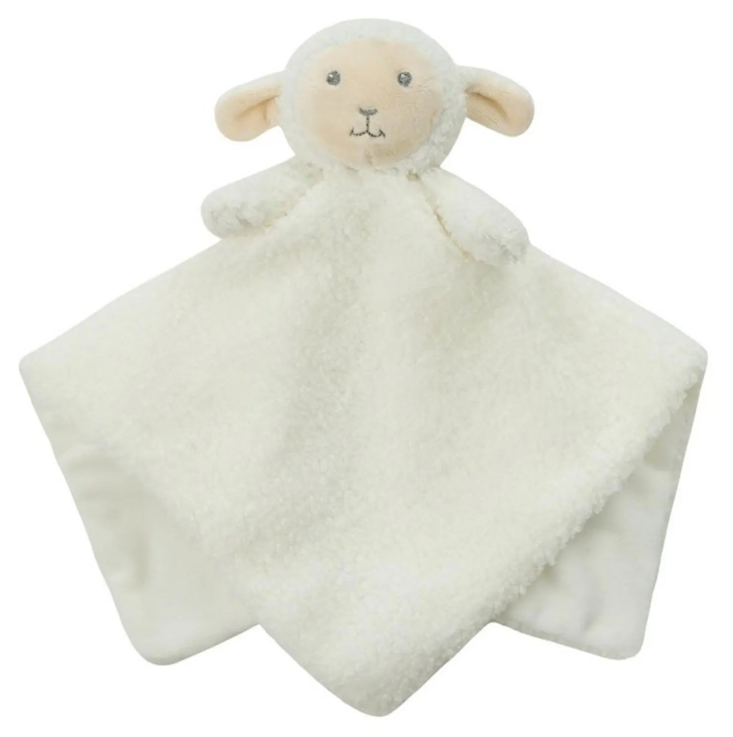 White plush lamb comfort blanket on a white background