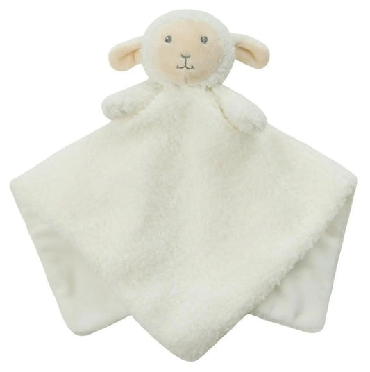 White plush lamb comfort blanket on a white background