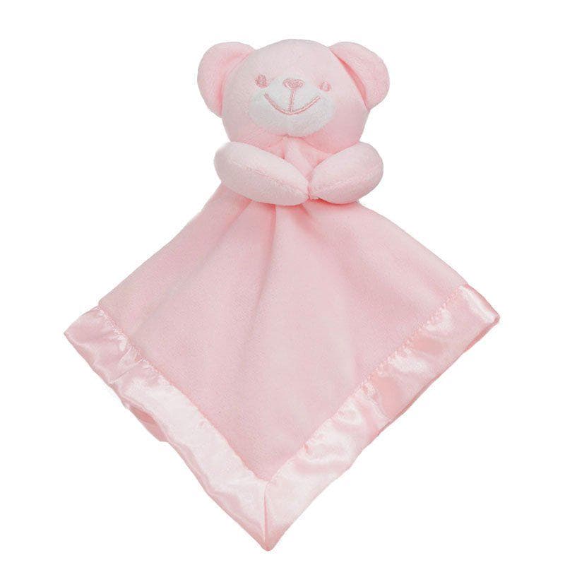 Personalised Embroidered Pink Bear Fleece and Silky Baby Blankie Comforter
