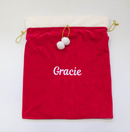 Personalised Red Christmas Sack • Embroidered Name • Cosy Festive Decor for Christmas Eve Traditions, Cubbies