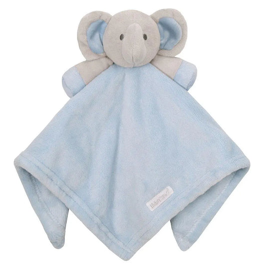 Blue baby comfort blanket with elephant design on a white background