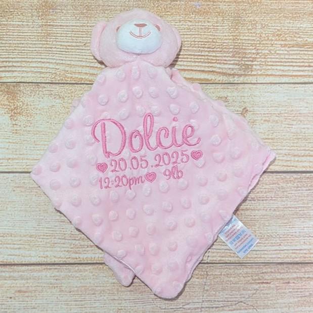 Personalised Embroidered Pink Bear Baby Comforter, New Baby Keepsake