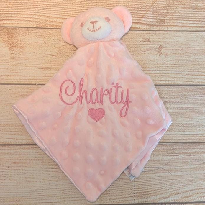 Personalised Embroidered Pink Bear Baby Comforter, New Baby Keepsake
