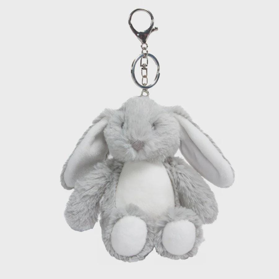 Personalised Grey Bunny Rabbit Key Chain • Soft Plush Bag Charm • Nursery or School Accessory • Cute Little Gift