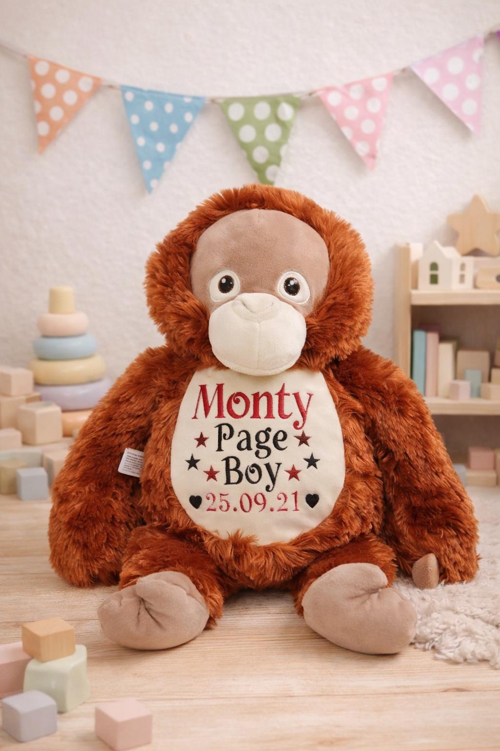Personalised Embroidered Orangutan Monkey Soft Toy • Jungle Nursery • Baby Shower Gift • Cuddly Plush Keepsake • Birthday Present, Cubbies
