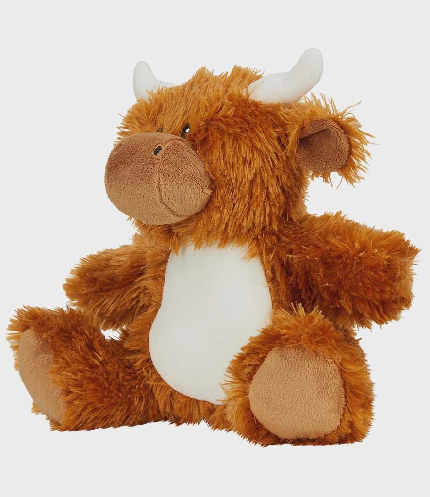 Personalised Printed Highland Cow Plush, Mumbles Farm Baby Gift
