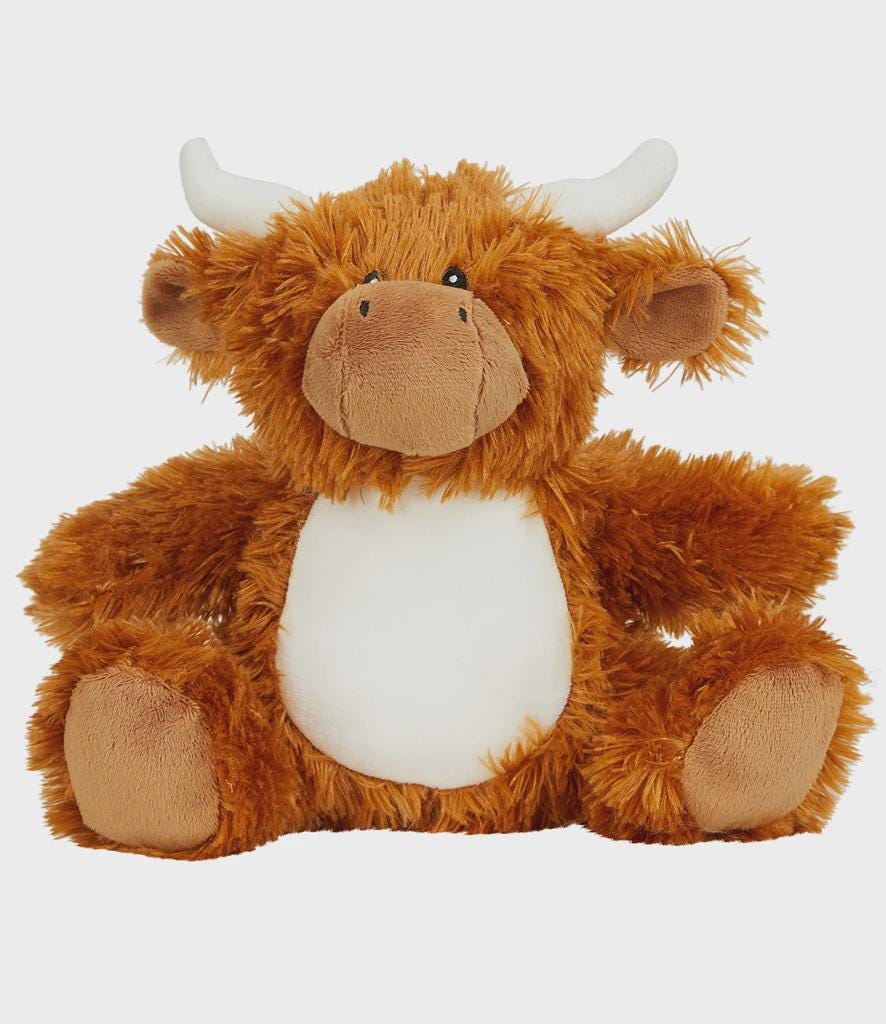 Personalised Printed Highland Cow Plush, Mumbles Farm Baby Gift