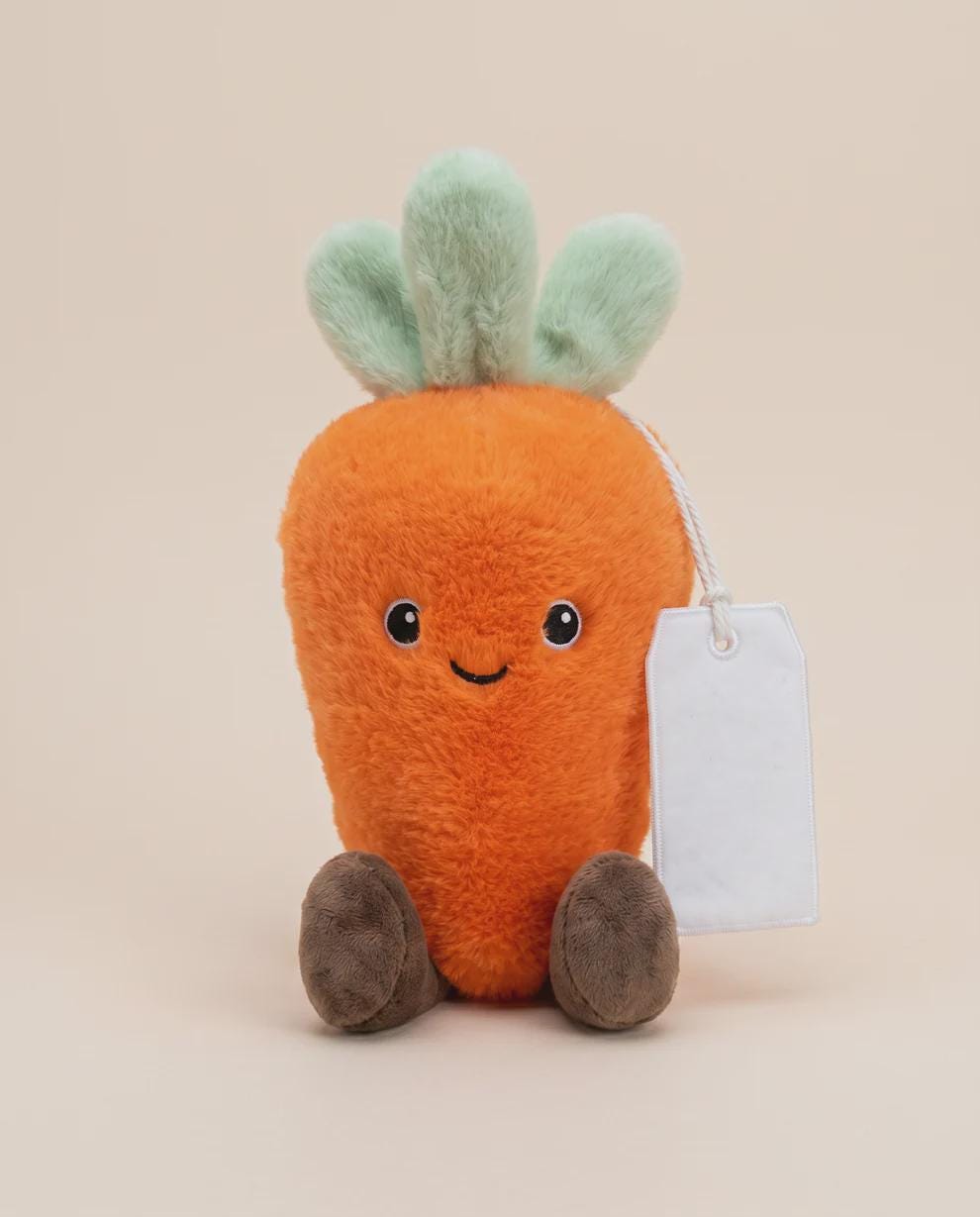 Charlie the Carrot plush with personalised printed tag