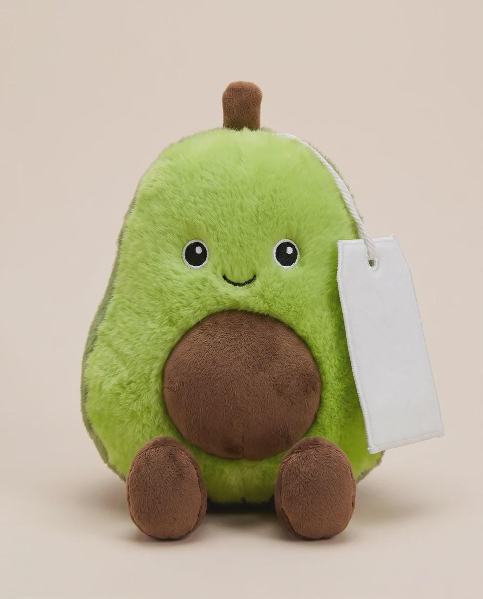 Arlo the Avocado plush with personalised printed tag