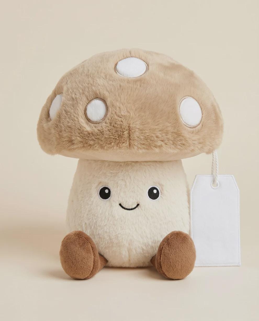 Mouch the Mushroom plush with personalised printed tag.”